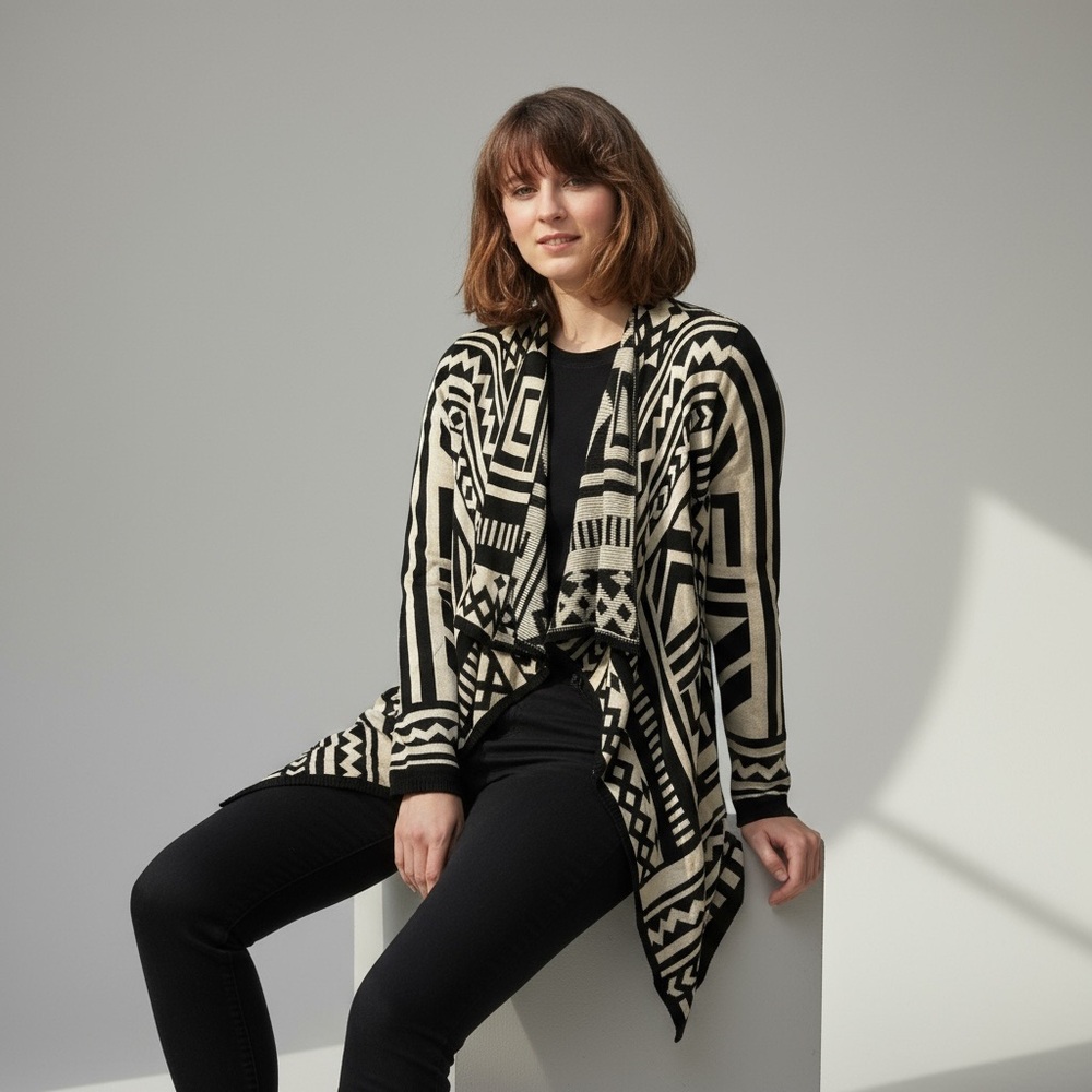 Forever 21 Black Off White Tribal Print Cascade Front Cardigan Size S
